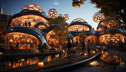 Futuristic urban park at dusk, with interactive light installations, modern sculptures, people relaxing, and a skyline of smart buildings.