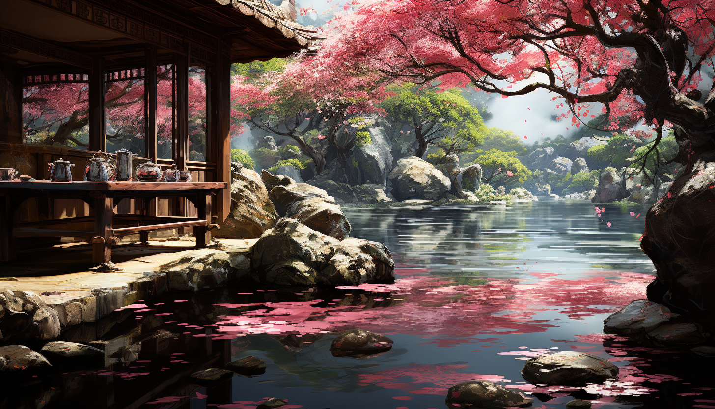 Traditional tea garden in spring, with blooming cherry blossoms, stone pathways, a tranquil pond, and tea ceremony in progress.