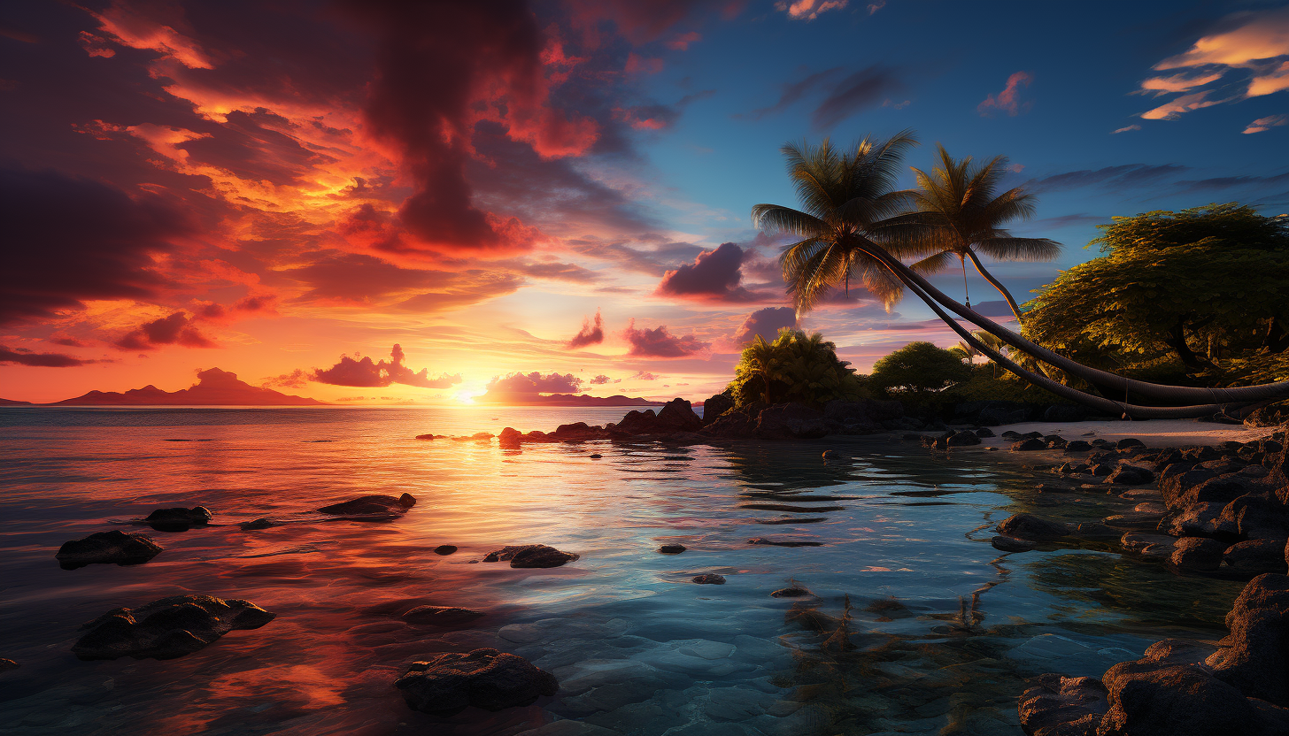 Idyllic Caribbean beach at sunset, with palm trees, hammocks, crystal clear water, and a small boat sailing in the distance.