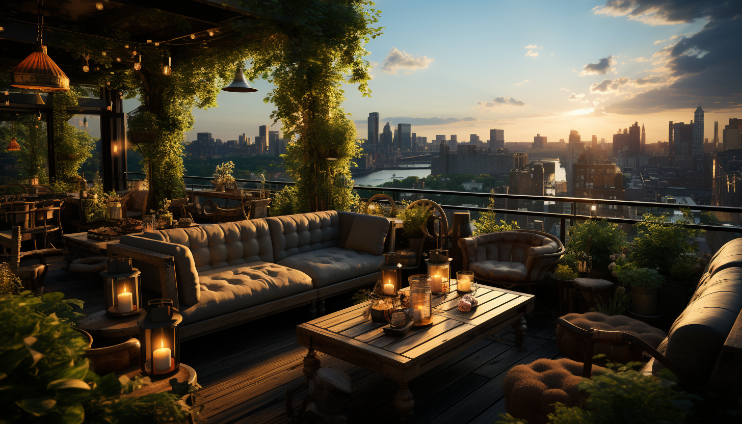 Lush rooftop garden in an urban environment, featuring a variety of green plants, hanging lights, comfortable seating, and a skyline view.