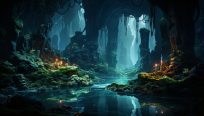 Mystical cavern illuminated by bioluminescent plants and crystals, with a clear underground lake and hidden passages.