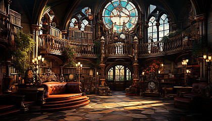 Grand library in a medieval castle, towering bookshelves, ancient tomes, a large globe, and stained glass windows casting colorful light.