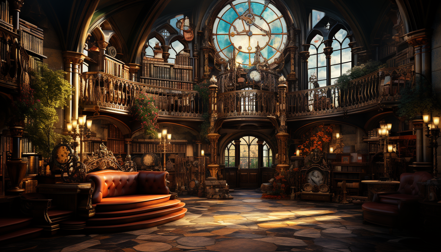 Grand library in a medieval castle, towering bookshelves, ancient tomes, a large globe, and stained glass windows casting colorful light.