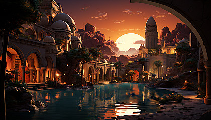 Desert oasis at sunset, featuring a tranquil pool, palm trees, camels resting, and ancient ruins under a vivid, orange sky.