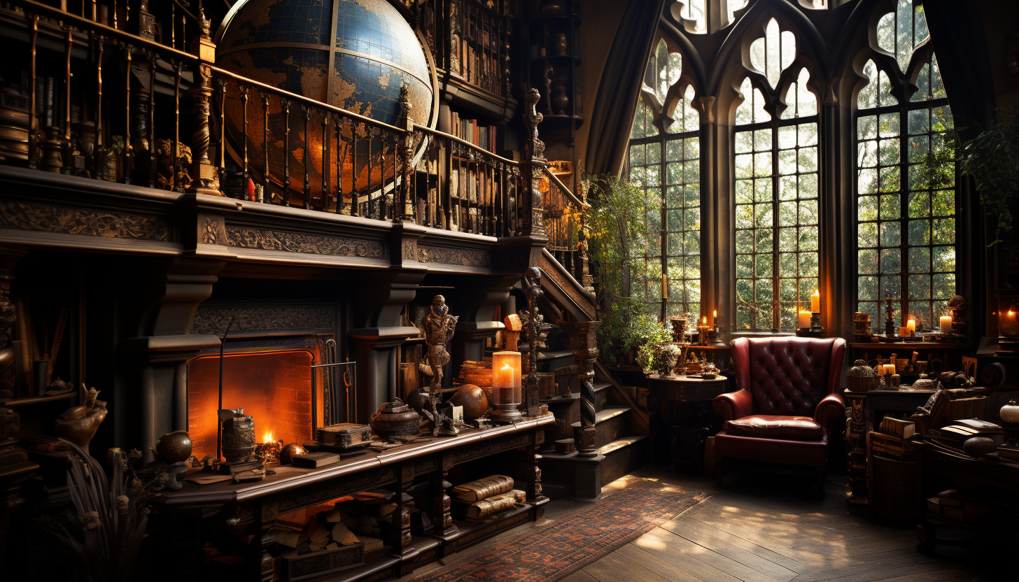 An old library with towering bookshelves, antique books, a globe, and a grand fireplace, with light streaming through stained glass windows.