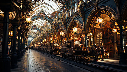 Victorian-era train station, with steam engines, elegantly dressed travelers, ornate ironwork, and a grand clock tower.