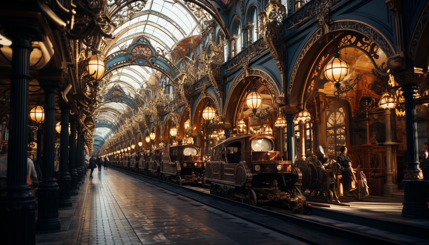 Victorian-era train station, with steam engines, elegantly dressed travelers, ornate ironwork, and a grand clock tower.