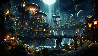 Futuristic underground city illuminated by bioluminescent plants, with advanced technology, diverse inhabitants, and transparent tunnels.