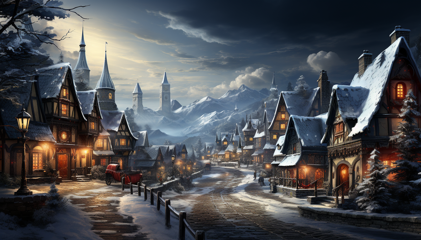 Magical winter village during Christmas time, with snow-covered cottages, a large Christmas tree, and villagers enjoying festivities.