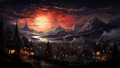 A traditional Scandinavian village in winter, snow-covered cottages, northern lights in the sky, and villagers gathered around a bonfire.