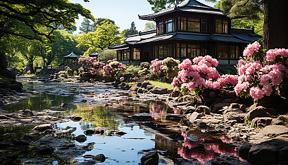 Traditional Chinese garden in spring, with a pagoda, stone paths, blooming peonies, and a gently flowing stream.