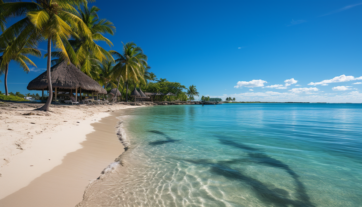 Lush tropical beach with clear turquoise water, hammocks between palm trees, a small boat in the distance, and a tiki bar.