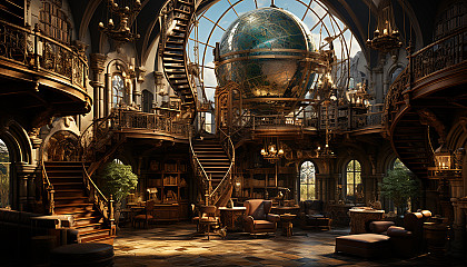 Grand library with towering bookshelves, spiral staircases, ancient manuscripts, and a large globe in the center.