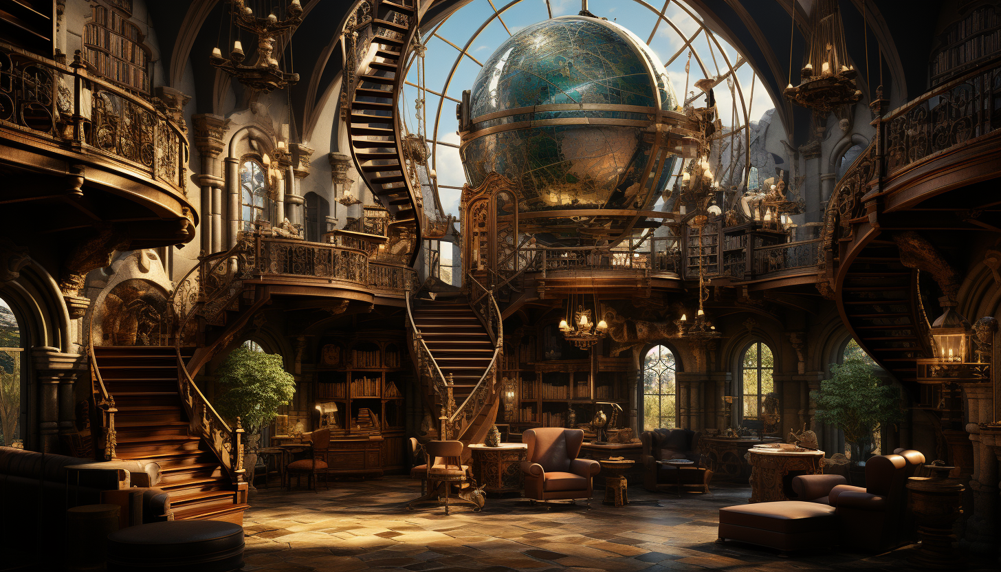 Grand library with towering bookshelves, spiral staircases, ancient manuscripts, and a large globe in the center.