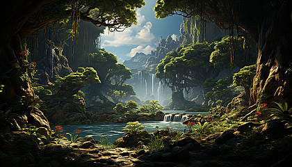 Lush rainforest canopy view, with vibrant tropical birds, hanging vines, a distant waterfall, and rays of sunlight piercing through.