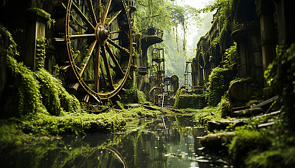 Abandoned amusement park overgrown with nature, rusty roller coasters, a Ferris wheel, and a hauntingly beautiful atmosphere.