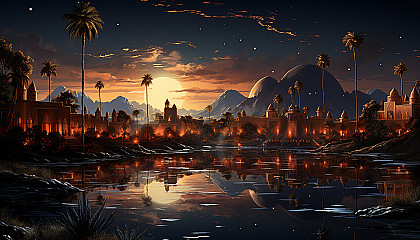 Desert oasis at twilight, with palm trees, a tranquil pond, nomadic tents, and camels resting under a starry sky.