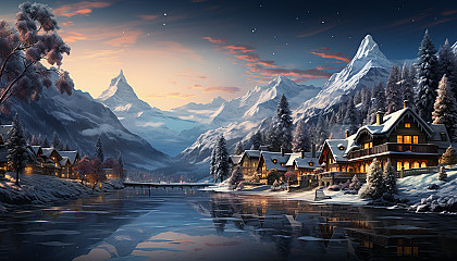 Traditional Scandinavian village in winter, with snow-covered cottages, a frozen lake, northern lights in the sky, and a reindeer herd.