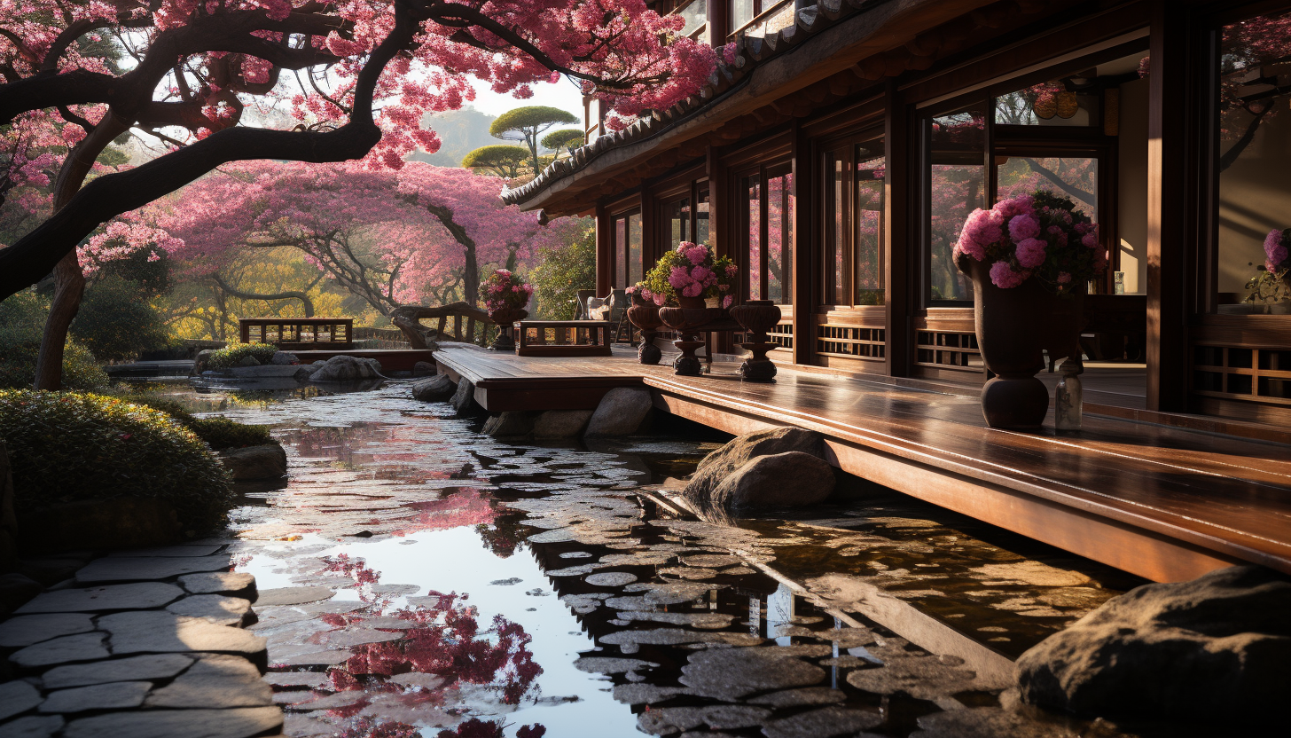 Traditional tea garden in spring, with blooming cherry blossoms, stone pathways, a tranquil pond, and tea ceremony in progress.