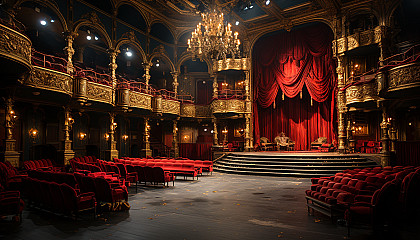 Grand opera house interior, with opulent gold and red décor, a grand chandelier, velvet curtains, and an audience in period attire.
