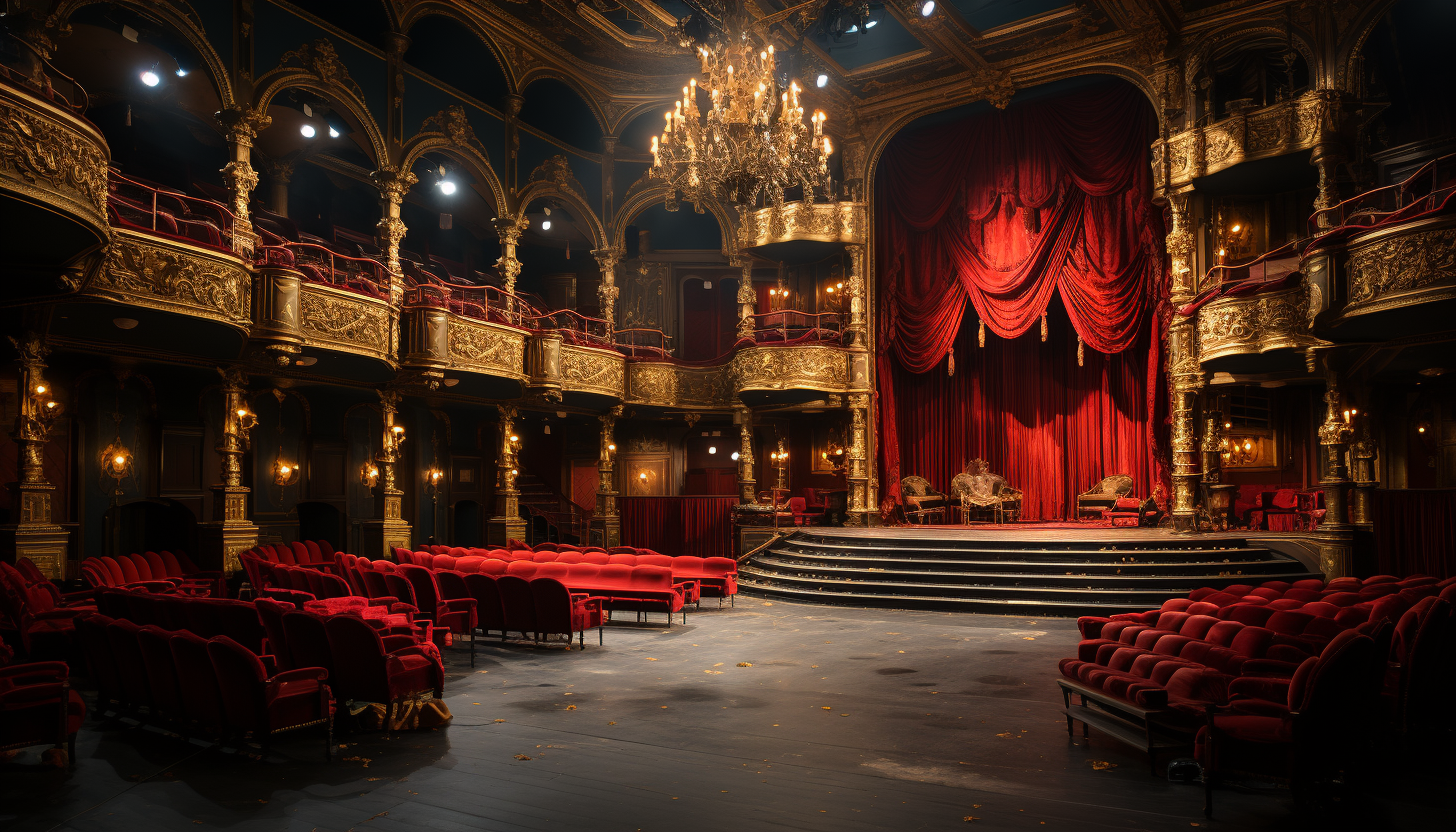 Grand opera house interior, with opulent gold and red décor, a grand chandelier, velvet curtains, and an audience in period attire.