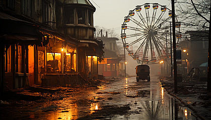 Abandoned amusement park at dawn, with overgrown rides, a still Ferris wheel, and a misty, eerie atmosphere.