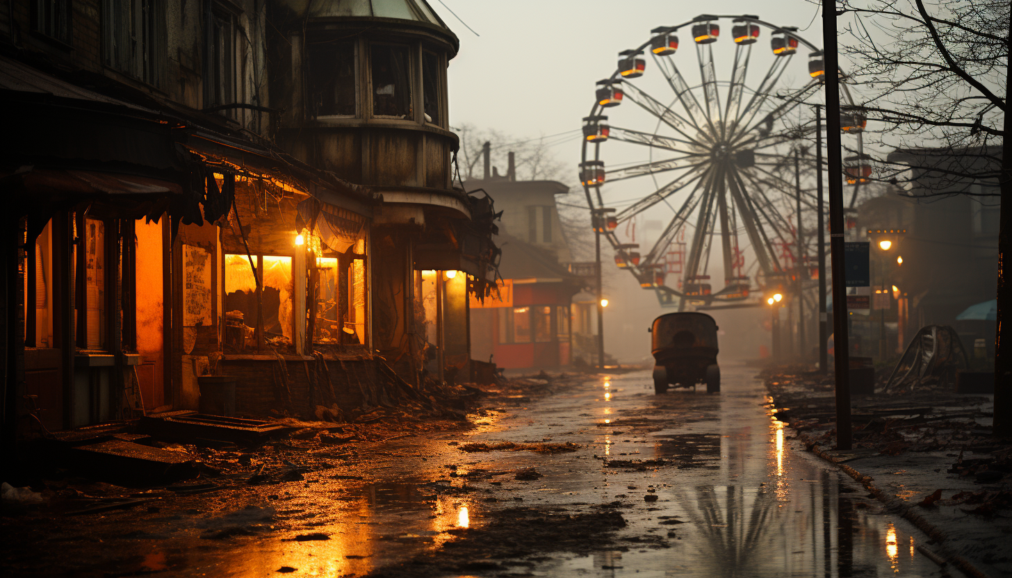 Abandoned amusement park at dawn, with overgrown rides, a still Ferris wheel, and a misty, eerie atmosphere.