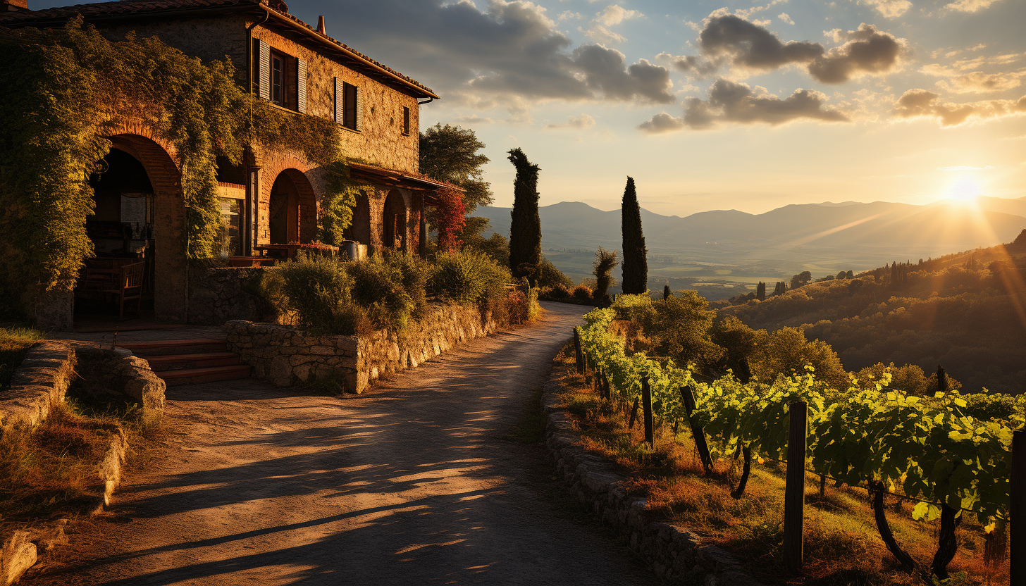 Lush vineyard in Tuscany during golden hour, rolling hills, grapevines, a rustic farmhouse, and a distant view of an old castle.