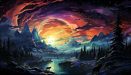 Frozen tundra under the Northern Lights, with a pack of wolves, a clear, star-filled sky, and a distant view of snowy mountains.