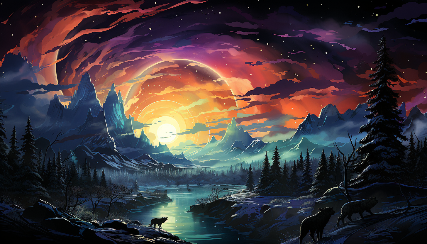 Frozen tundra under the Northern Lights, with a pack of wolves, a clear, star-filled sky, and a distant view of snowy mountains.