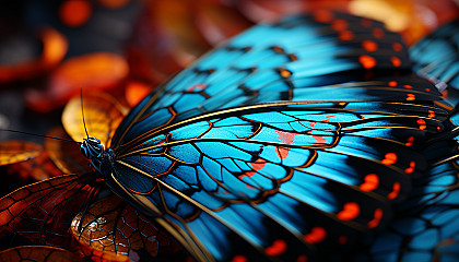 An extreme close-up of the vibrant patterns on a butterfly's wing.