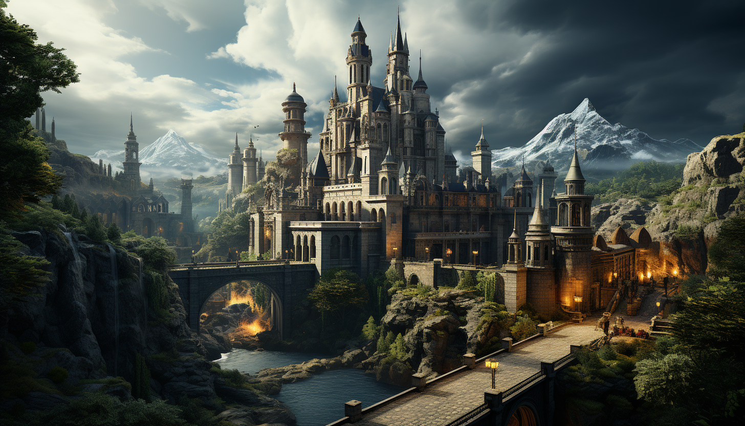 Medieval castle on a misty cliff, with knights in armor, a bustling courtyard, majestic banners, and a dragon circling above.