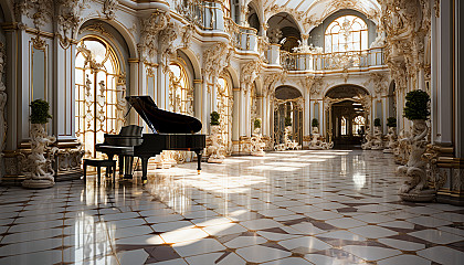 Grand ballroom in a Baroque palace, opulent chandeliers, ornate gold and marble decor, large mirrors, and a grand piano.