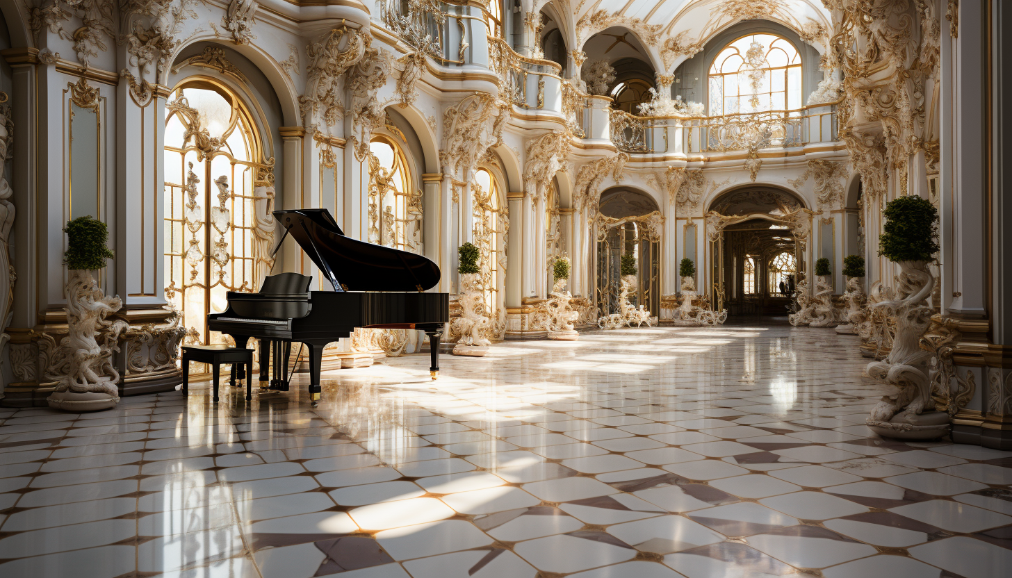 Grand ballroom in a Baroque palace, opulent chandeliers, ornate gold and marble decor, large mirrors, and a grand piano.