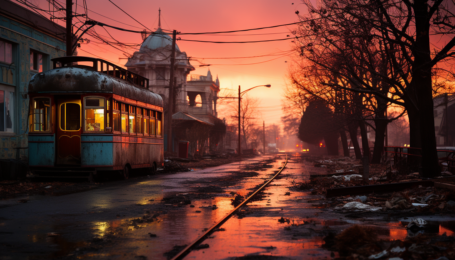 Abandoned amusement park at sunset, with rusty roller coasters, overgrown paths, and a hauntingly beautiful Ferris wheel against a dusky sky.