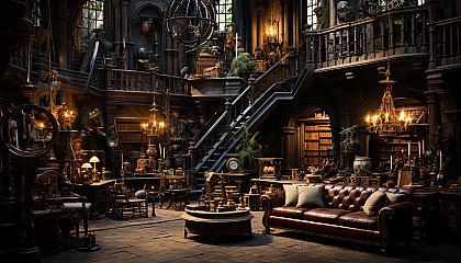 Ancient library with towering bookshelves, mystical artifacts, hidden passageways, and a grand, globe-lit reading room.