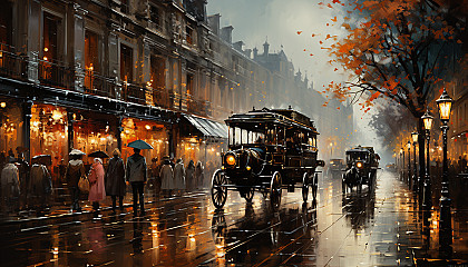 Victorian-era London street scene with fog, horse-drawn carriages, gas lamps, and pedestrians in period clothing.