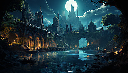 A mystical underwater city with ancient ruins, bioluminescent marine life, merfolk, and sunken treasures glowing in the depths.