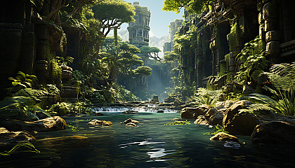 A hidden valley with a lost civilization, ancient ruins overgrown with jungle, mysterious statues, and a shimmering waterfall.