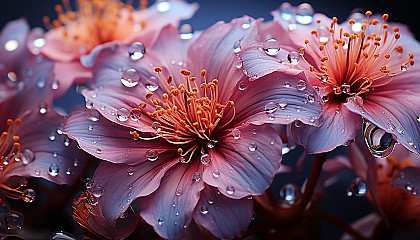 Macro of flower stamens and petals revealing stunning textures and colors.