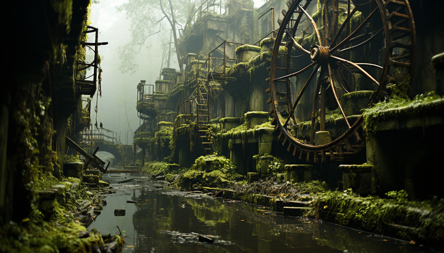 Abandoned amusement park overtaken by nature, with a rusting Ferris wheel, overgrown roller coaster tracks, and a misty, mysterious atmosphere.