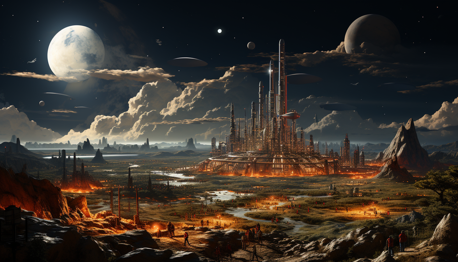 Busy spaceport on Mars, with rockets taking off, astronauts in spacesuits, and a bustling colony in the background.