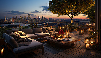 Rooftop garden in a modern city, with a variety of plants, comfortable seating, string lights, and a panoramic view of the skyline at dusk.