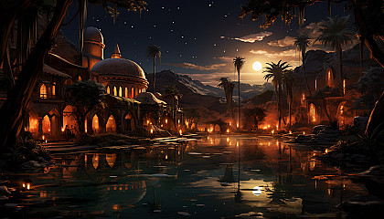 Oasis in the desert at night, featuring a tranquil pool, palm trees, starry sky, and Bedouin tents with flickering lanterns.