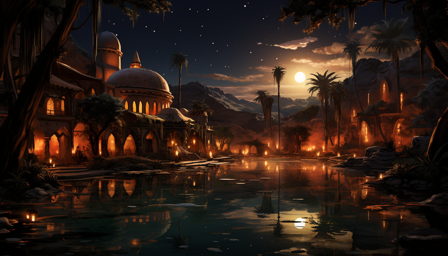 Oasis in the desert at night, featuring a tranquil pool, palm trees, starry sky, and Bedouin tents with flickering lanterns.
