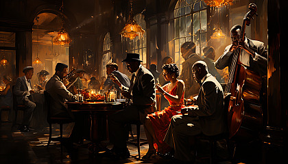 Classic 1920s jazz club interior, dimly lit, with a band on stage, elegantly dressed patrons, and a vintage bar.