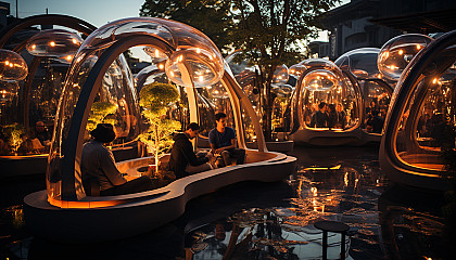 Futuristic urban park, with interactive light installations, modern sculptures, hovering drones, and people relaxing on innovative furniture.