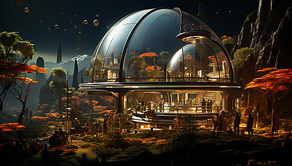 Futuristic greenhouse on Mars, with advanced agriculture technology, a variety of alien plants, and astronauts tending to the crops.