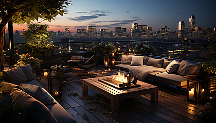 Rooftop garden in a modern city, with a variety of plants, comfortable seating, string lights, and a panoramic view of the skyline at dusk.