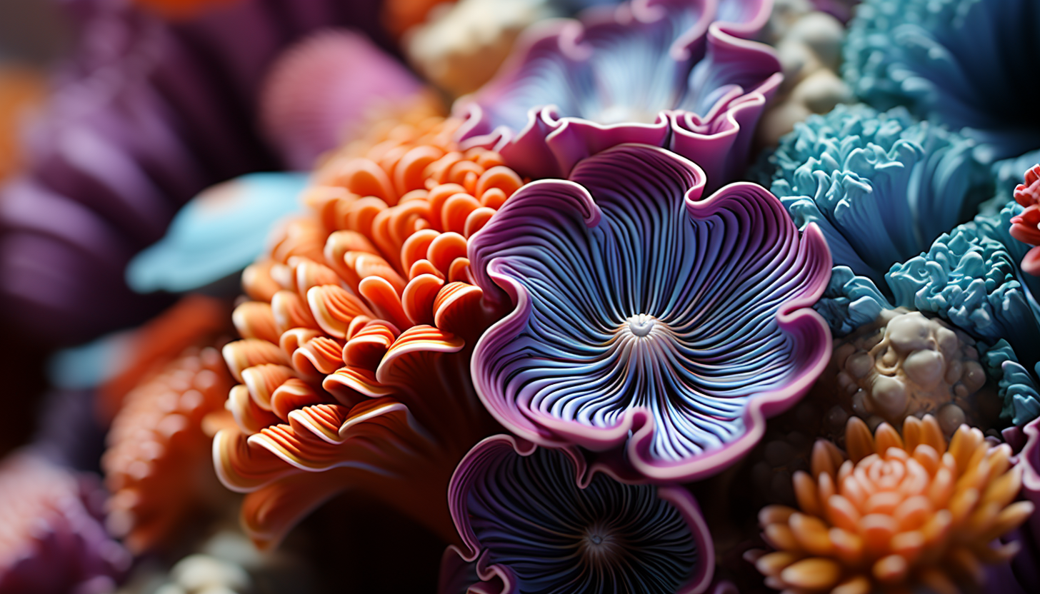 An extreme close-up of a brightly colored coral in the ocean.